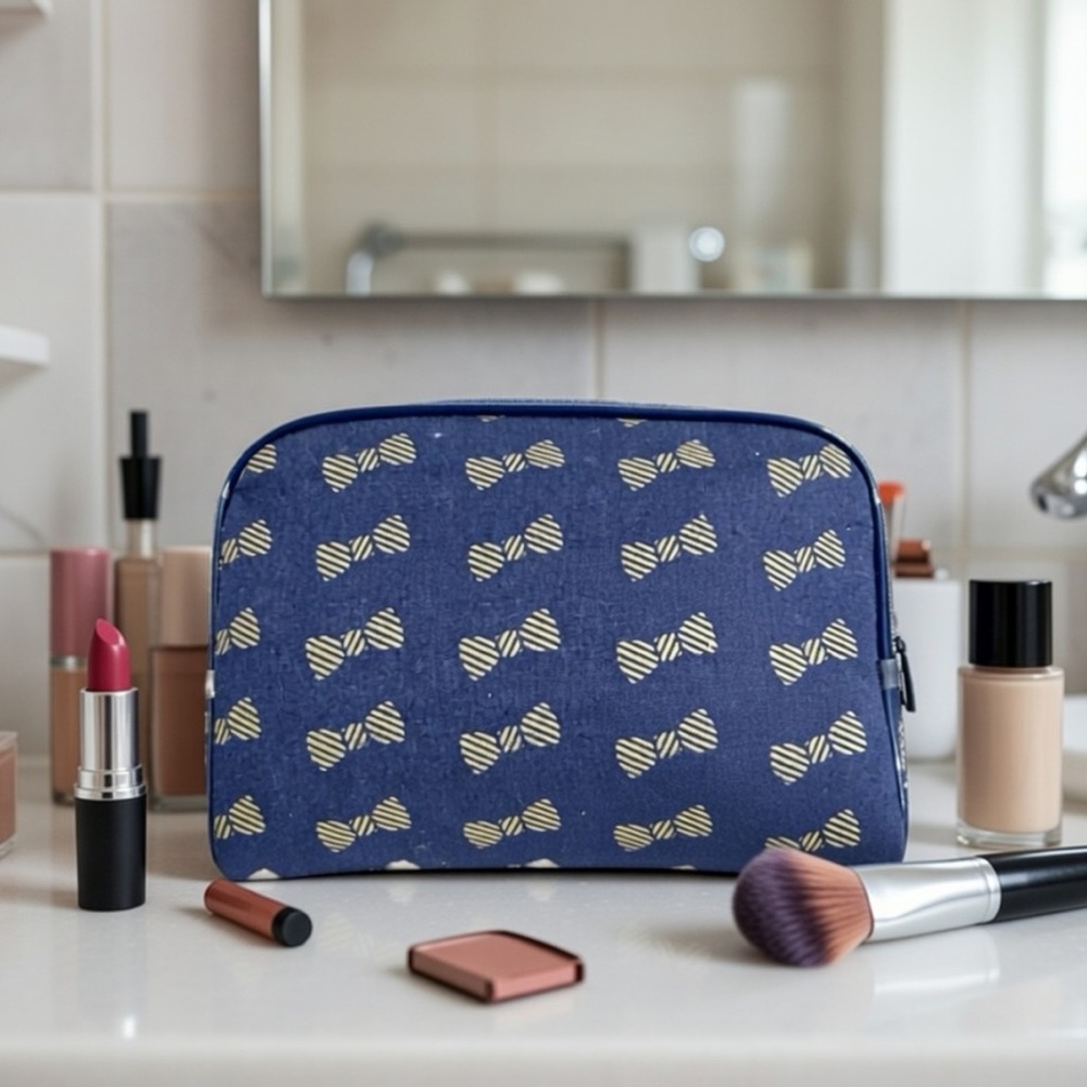 Unbranded Navy Blue with Gold Bows Accent Makeup Cosmetic Travel Bag Zip Closure